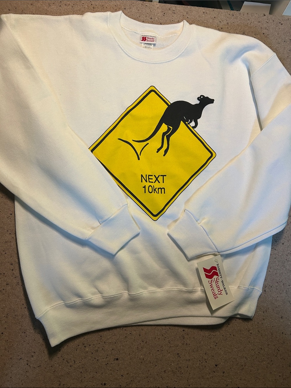Sturdy Sweats White Sweatshirt with Yellow Kangaroo Road Sign Graphic Vintage